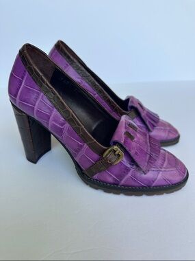 Y2K Euro VTG Purple Croc Embossed Leather Chunky Block Heels Made in Spain